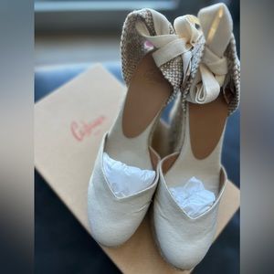CASTAÑER
NET SUSTAIN Chiara 80 canvas wedge espadrilles / Ivory color / Size 6